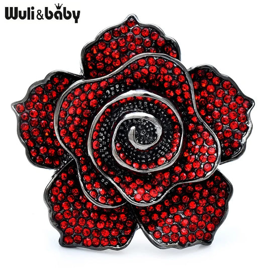 Wuli&baby Luxury Shinning Rose-flower Brooches For Women 4-color Full Rhinestone Charming Flower Plants Office Party Brooch Pins