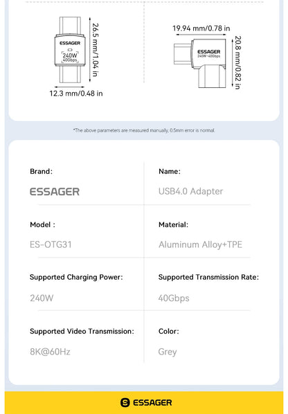 Essager USB4.0 40Gbps OTG Adapter 240W Fast Charging Converter 90 Degree USB Type C Data Adapter For Phone Macbook Laptop 8K60Hz