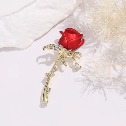 Shiny Rhinestone Red Rose Flower Brooches for Women Elegant Exquisite Suit Dress Flower Branch Lapel Pins Wedding Badge Jewelry