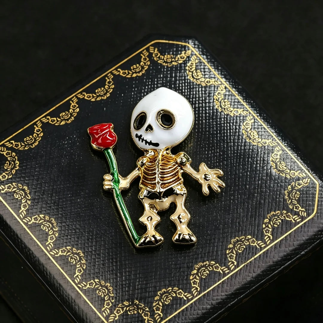 Baroque Luxury Rose and Skull Design Brooch for Men and Women, Halloween Jewelry and Fashion Accessories