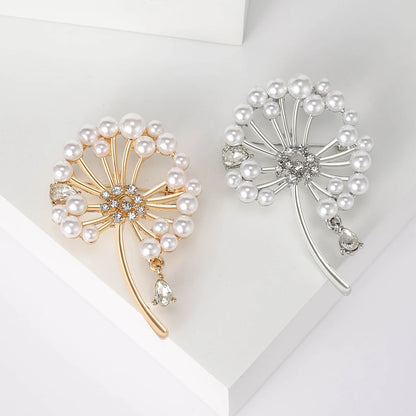 Beaut&Berry Classic Rhinestone Dandelion Brooches for Women Pearl Plant Pins Casual Party Accessories Gifts Friends Decoration