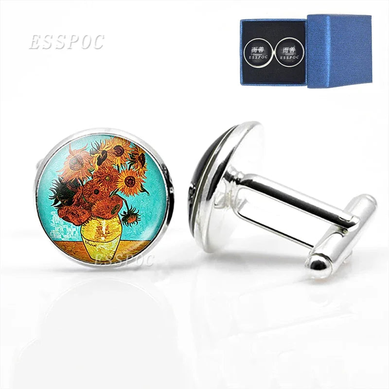Van Gogh Oil Painting Glass Alloy Cufflinks Starry Night Sunflower Suit Cuff Links Men Shirt Accessories Husband birthday Gift