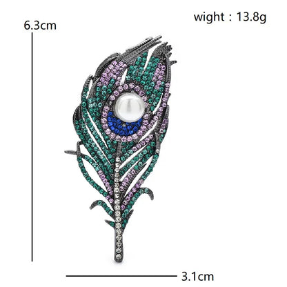 Wuli&baby Luxury Peacock Feather Brooches For Women Unisex Rhinestone Pearl Banquet Party Brooch Pins Gifts
