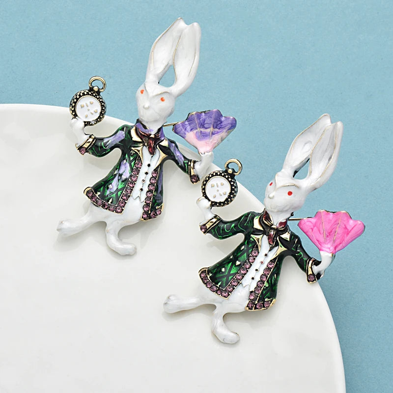 Wuli&baby Funny Rabbit Brooches For Women Unisex 2-color Enamel Holding Clock Fan Act  Rare Bunny Casual Party Brooch Pins Gifts