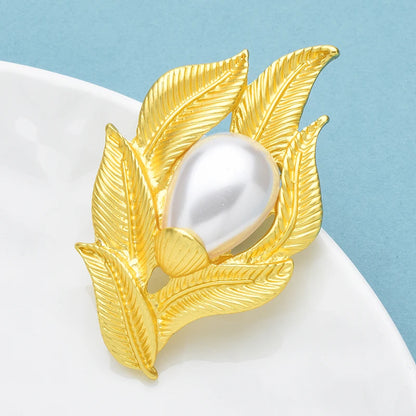 Wuli&baby Pearl Gold-color Flower Brooches For Women Unisex Easy-match Plants Party Office Brooch Pins Gifts