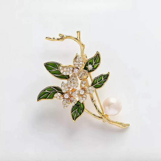 Green Leaf Gardenia Brooch Pearl Crystal Rhinestone Flower Lapel Pin For Women Wedding Party Dress Corsage Fashion Jewelry