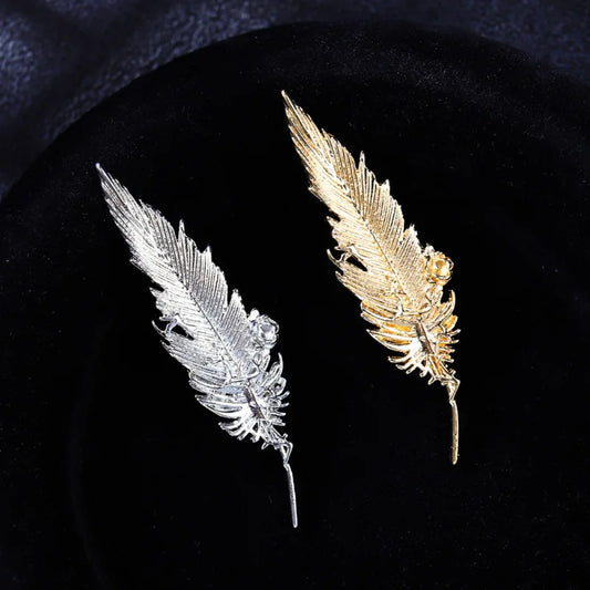 Gold Color Metal Feather Brooch for Women Men Unisex Simple Suit Coat Lapel Pin Corsage