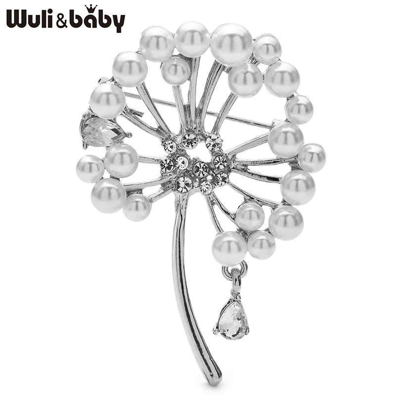Wuli&baby Elegant Pearl Dandelion Flower Brooches For Women Unisex 2-color Plants Party Office Clothes Brooch Pins Gifts
