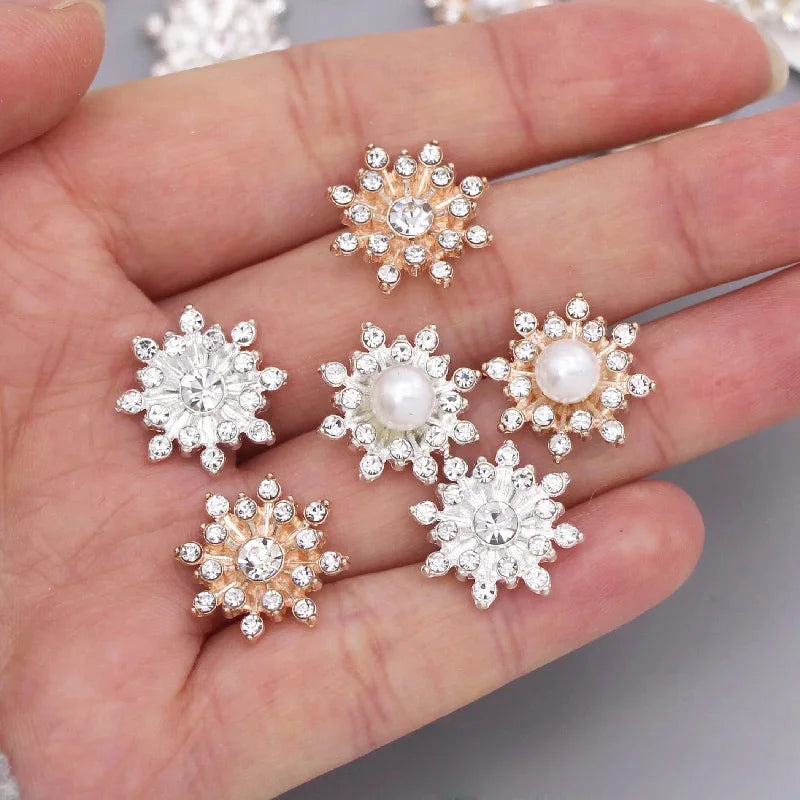 10pcs Snowflake Cabochon Metal Base Strass Glitter Rhinestone Buttons for Clothing Shoes Bags Accessories DIY Crafts