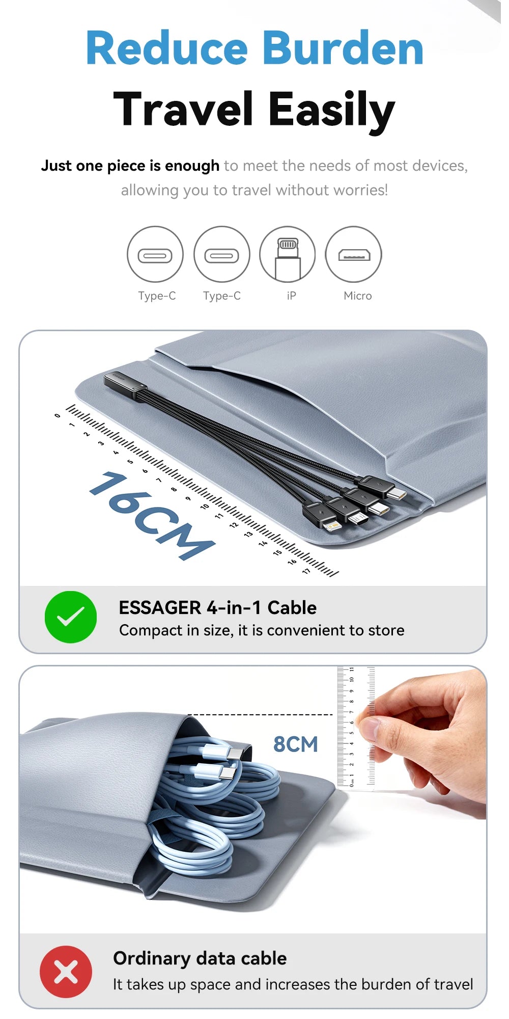 Essager Portable 4-in-1 Fast Charging Cable For Travel Type C Female To Multi USB Cable With 2 Type C, Micro, Lightning Adapters