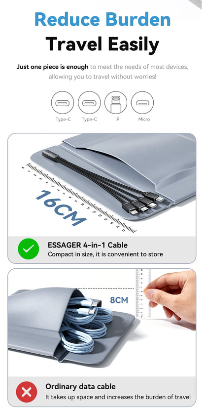 Essager Portable 4-in-1 Fast Charging Cable For Travel Type C Female To Multi USB Cable With 2 Type C, Micro, Lightning Adapters