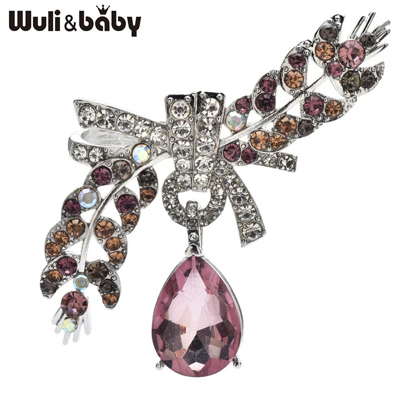 Wuli&baby Crystal Waterdrop Wheat Brooches For Women Unisex 2-color Beautiful Flowers Plants Party Office Brooch Pins Gifts