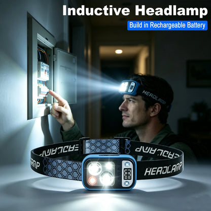 Rechargeable Fishing LED Headlamp With Sensors and Battery Indicator Super Bright Camping Light Using XPG+COB Lamp Beads