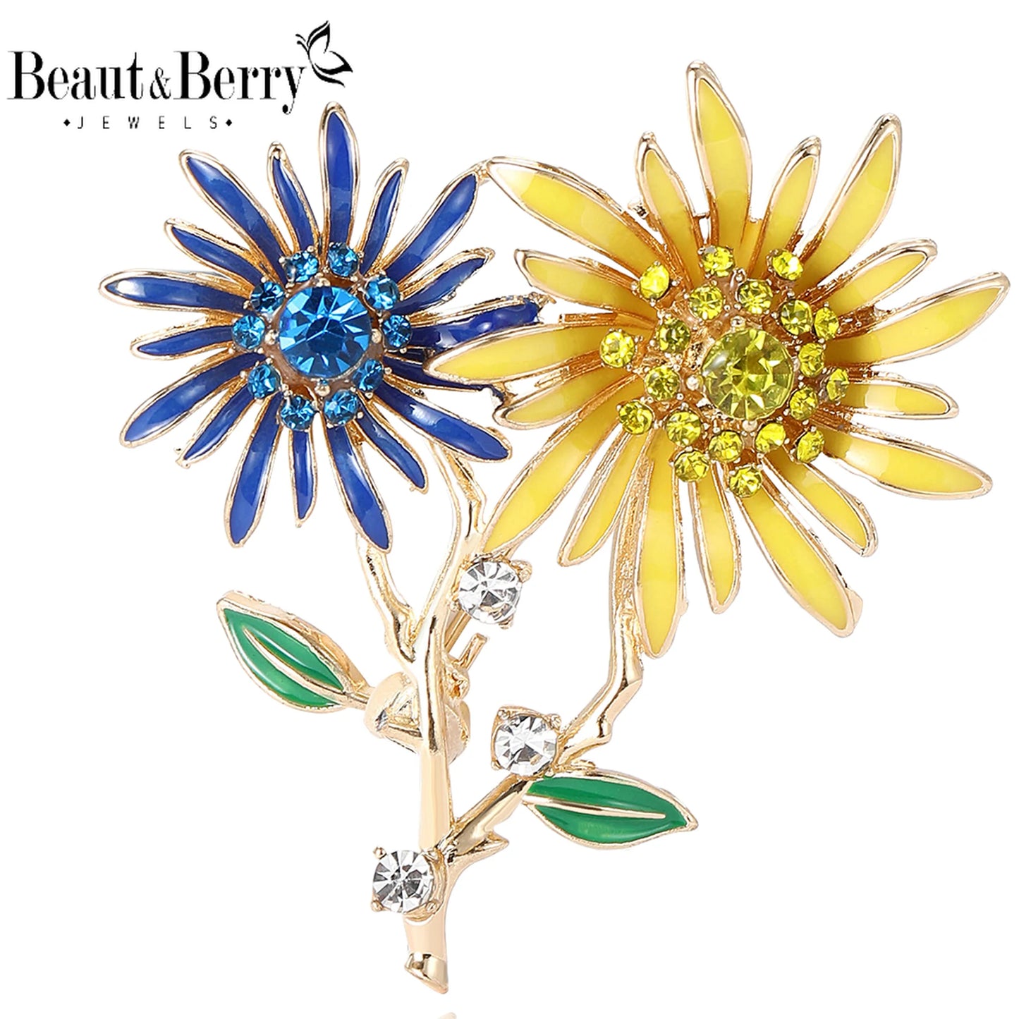 Beaut&Berry MeiMei Shiny Double Head Sunflower Brooches for Women Ukrainian Plant Pin Casual Party Accessories New Gifts Friends