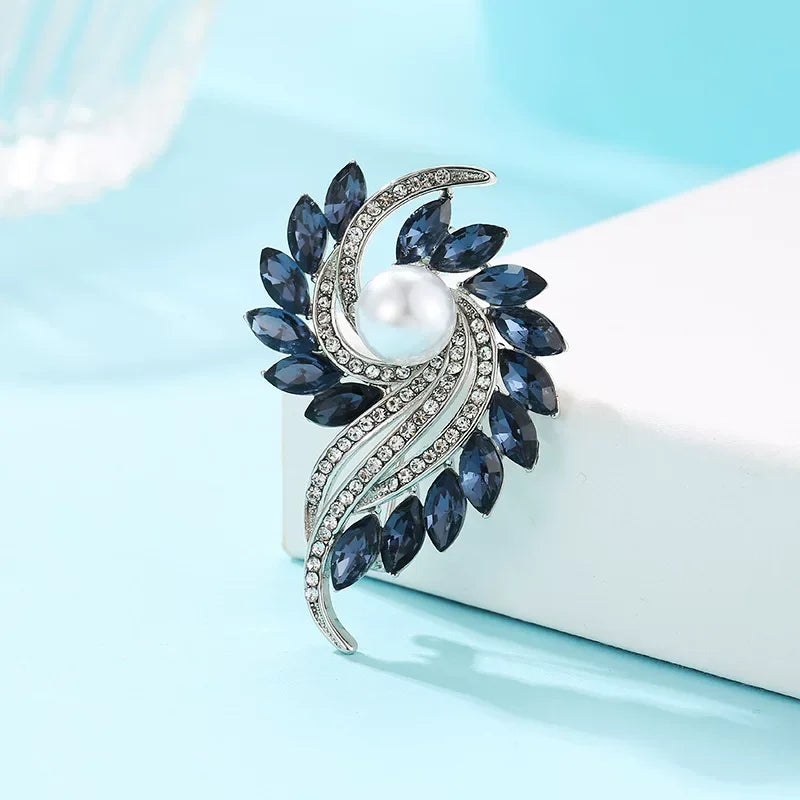 Rhinestone Floral Brooch for Women Luxury Blue Crystal Geometry Lapel Pins Jewelry Accessories Party Gifts