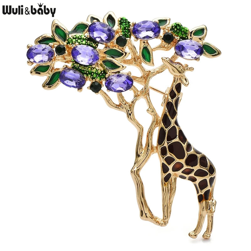 Wuli&baby Crystal Eating Leaves Giraffe Brooches For Women Unisex 2-color Enamel Beautiful Animal Tree Christmas Brooch Pins