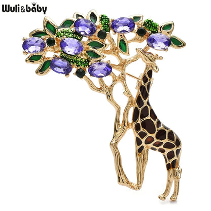 Wuli&baby Crystal Eating Leaves Giraffe Brooches For Women Unisex 2-color Enamel Beautiful Animal Tree Christmas Brooch Pins