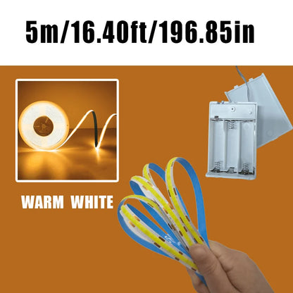 3AA Battery Box COB LED Strip Lights, 5V Flexible COB Strip Light, Flexible Ribbon Diode Tape for Party, Bedroom, Kitchen