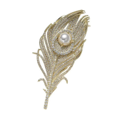 SKEDS Women Men Fashion Exquisite Crystal Feather Pearl Brooch Pin Elegant Classic Lady High-end Badges Accessories Gift