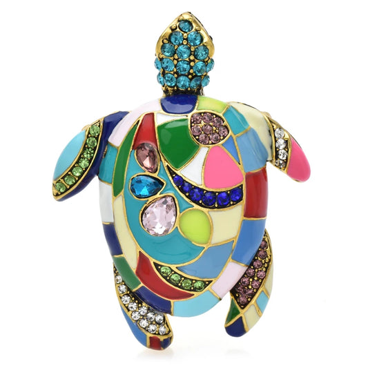 Wuli&baby Vintage Turtle Brooches Women Men Multicolor Rhinestone Enamel Swimming Turtle Party Office Brooch Pin Gifts