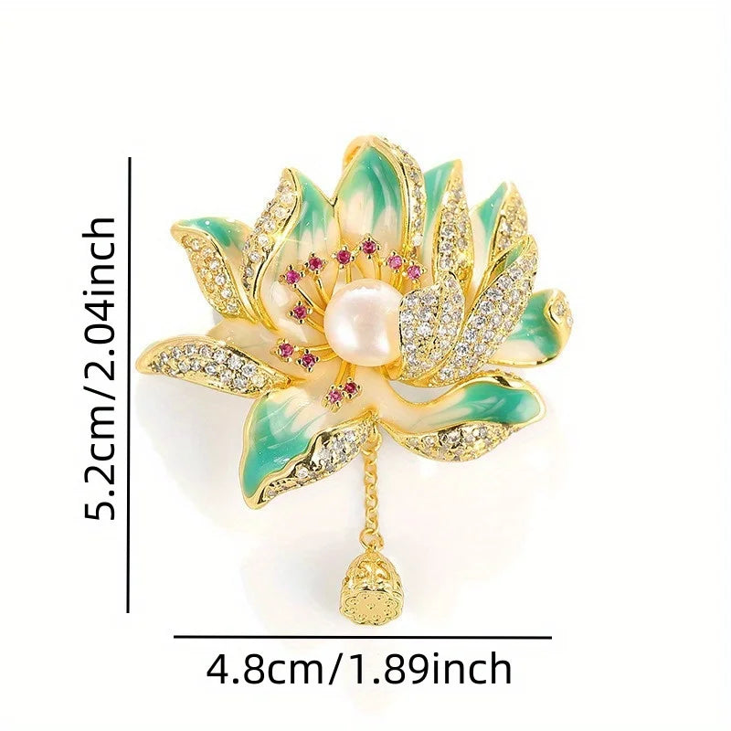 Women's Retro Chinese Style Green Enamel Lotus Flower Brooch Banquet Party Elegant Light Luxury Suit Jacket Pin Corsage