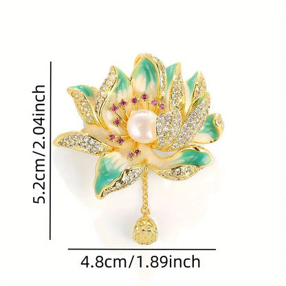 Women's Retro Chinese Style Green Enamel Lotus Flower Brooch Banquet Party Elegant Light Luxury Suit Jacket Pin Corsage
