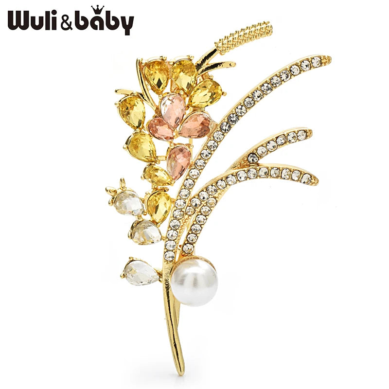 Wuli&baby Rhinestone Wheat Brooches For Women Unisex Pearl Flower Plants Office Party Brooch Pins Gifts