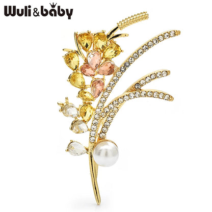 Wuli&baby Rhinestone Wheat Brooches For Women Unisex Pearl Flower Plants Office Party Brooch Pins Gifts