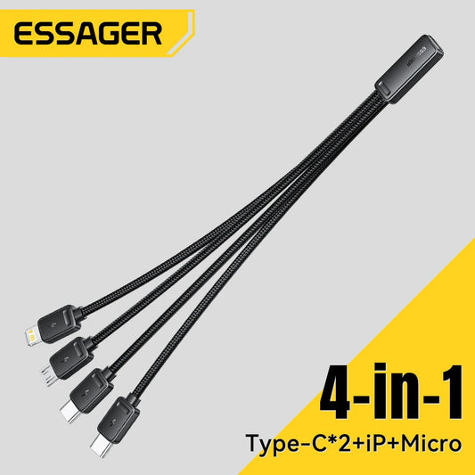 Essager-4-in-1 Fast Charging Cable for Travel, Type C Female to Multi USB, 2 Type C, Micro, Lightning Adapters