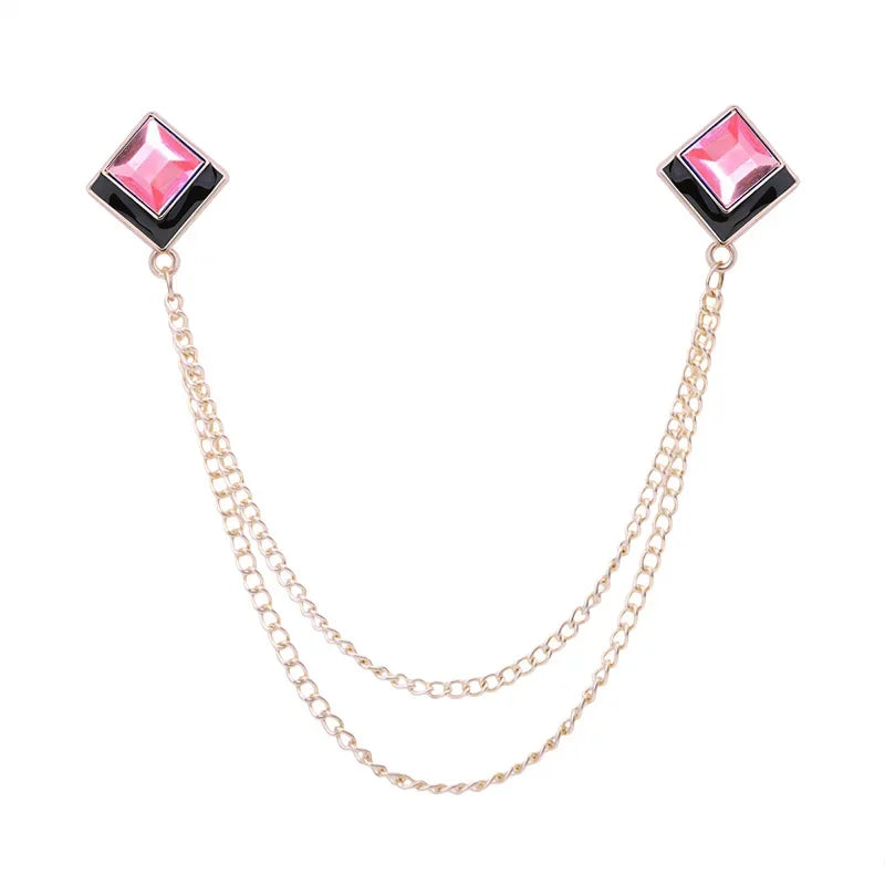 Korean Fashion Geometric Crystal Brooch Tassel Chain Lapel Pin Men's Shirt Collar Jewelry Wedding Party Brooches Accessories