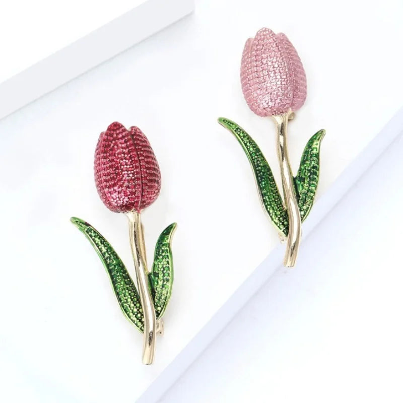 Enamel Tulip Flower Brooch 2 Colors Rhinestone Crystal Lapel Pin For Women Plant Jewelry Party Office Suit Coat Accessories