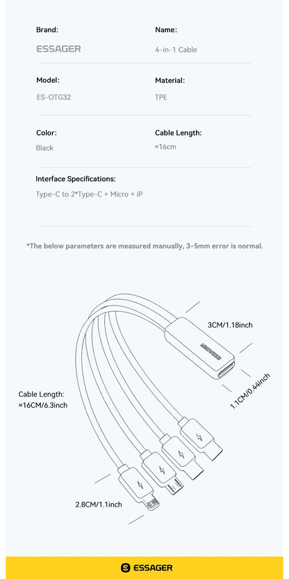 Essager Portable 4-in-1 Fast Charging Cable For Travel Type C Female To Multi USB Cable With 2 Type C, Micro, Lightning Adapters