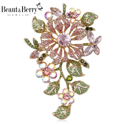 Beaut&Berry Luxury Crystal Glass Flower Brooches for Women Rhinestone Pins Friends Party Gifts Banquet Jewellery Accessories
