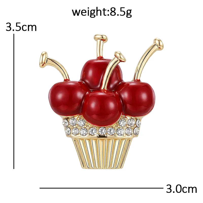 Wuli&baby Adorable Cherry Cupcake Brooches For Women Unisex Rhinestone Enamel Fruits Dessert Party Brooch Pins New Year Gifts