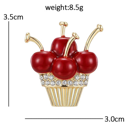 Wuli&baby Adorable Cherry Cupcake Brooches For Women Unisex Rhinestone Enamel Fruits Dessert Party Brooch Pins New Year Gifts