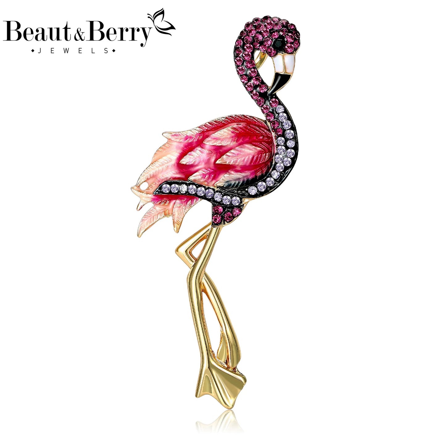 Beaut&Berry Trendy Rhinestone Flamingo Brooches for Women Unisex Animal Pins Casual Party Jewelry Accessories Gifts Decoration
