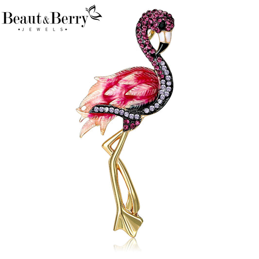 Beaut&Berry Trendy Rhinestone Flamingo Brooches for Women Unisex Animal Pins Casual Party Jewelry Accessories Gifts Decoration