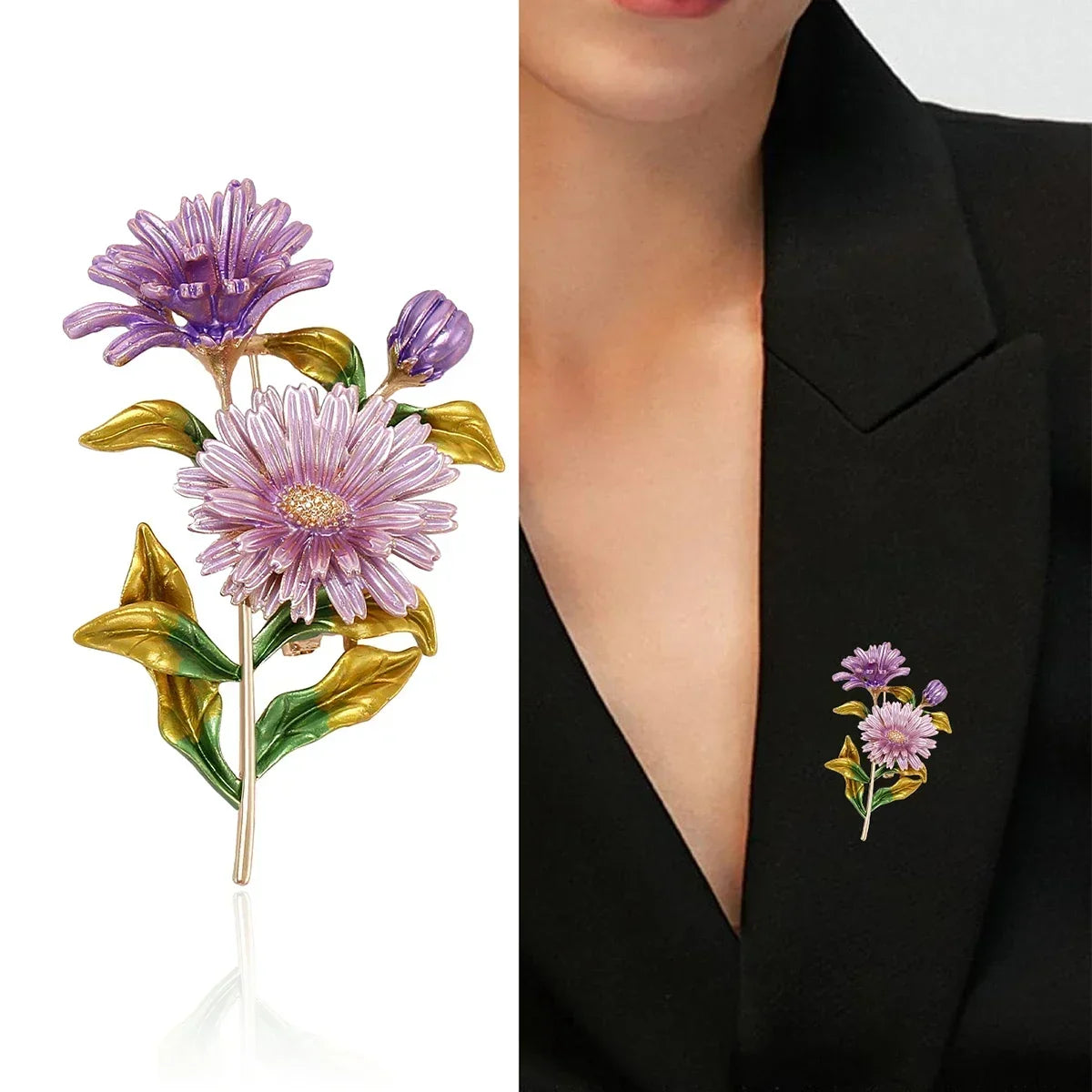 Enamel Chrysanthemum Pin for Women Sunflower Brooches Flower Leaf Pins Banquet Party Backpack Gifts Jewelry Accessories