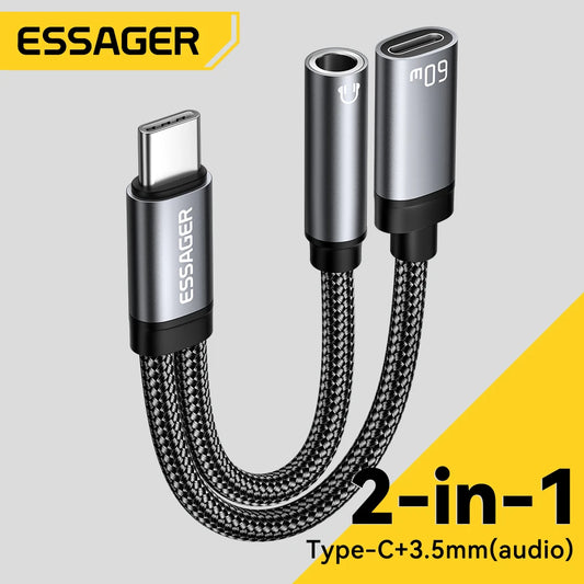 Essager 2 In 1 Audio Adapter Audio Splitter Type-C To Type-C To 3.5mm PD60W Fast Charge Hi-Fi Sound for iPhone 16 Headphone Cord