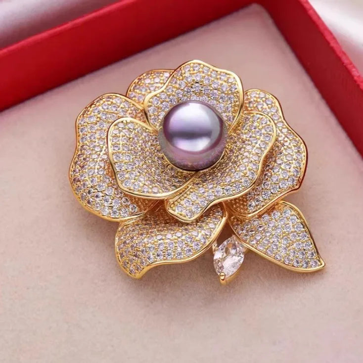 Rhinestone Camellia Flower Brooch Pearl Lapel Pin For Women Banquet Party Suit Coat Backpack Fashion Jewelry Accessories