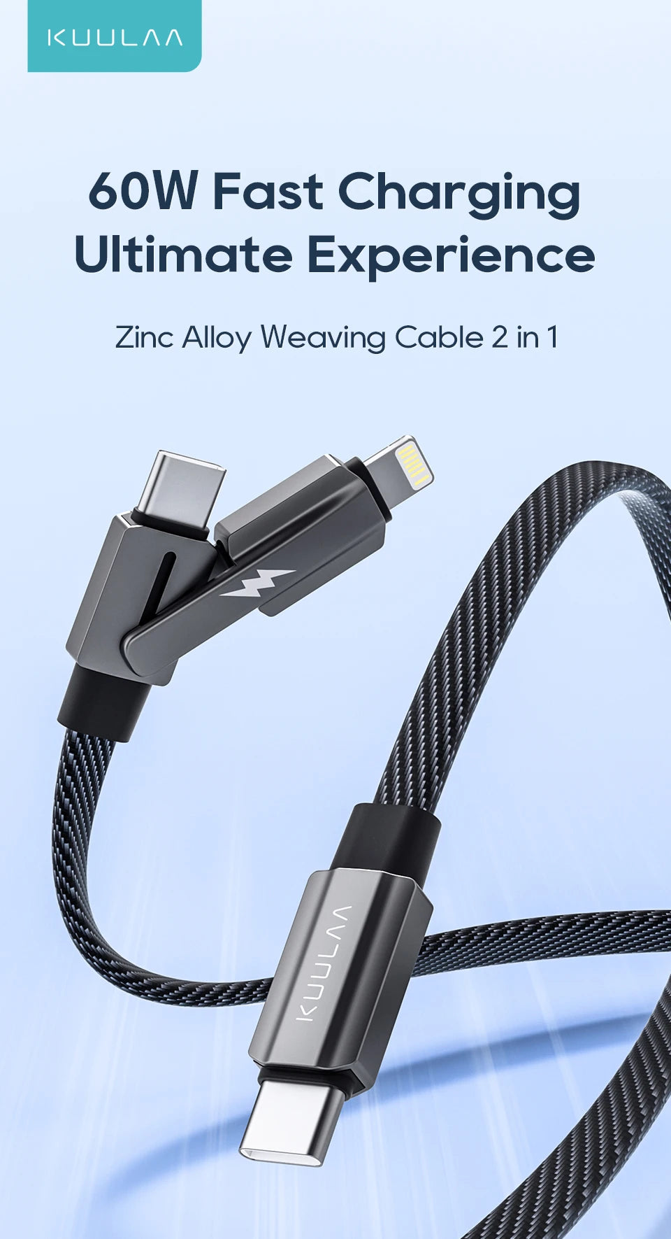 KUULAA 2 in 1 USB C Cable 60W PD Fast Charging Wire for iPhone 15 14 Pro Max iPad HUAWEI Xiaomi Tablets Type C Cable