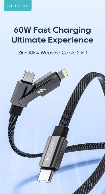 KUULAA 2 in 1 USB C Cable 60W PD Fast Charging Wire for iPhone 15 14 Pro Max iPad HUAWEI Xiaomi Tablets Type C Cable