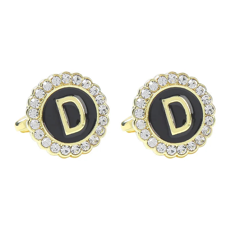 New Round Rhinestone Cufflinks for Men 26 English Letter Cuff Links Button French Business Accessories Gifts
