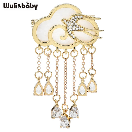 Wuli&baby Cloud Swallow Crystal Rain Tassel Brooch Pins Elegant Jewelry Badge Accessory Gift