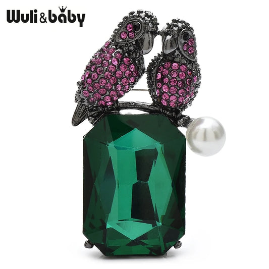 Wuli&baby 2 Birds Singing On Crystal Brooches Pins 2-color Beautiful Rhinestone Animal For Women's Clothes Backpack Badge Gifts