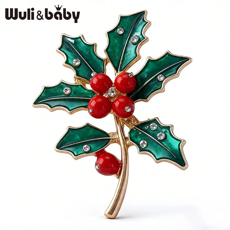 Wuli&baby December Birthday Flower Brooches Enamel Holly Winter Plants Party Casual Brooch Pins Gifts