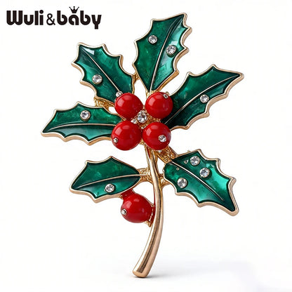 Wuli&baby December Birthday Flower Brooches Enamel Holly Winter Plants Party Casual Brooch Pins Gifts