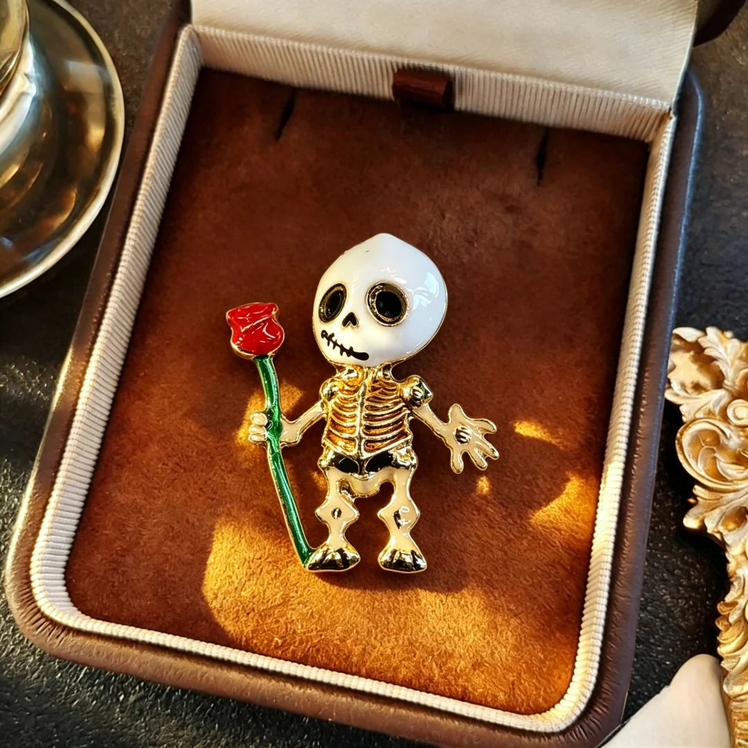 Baroque Luxury Rose and Skull Design Brooch for Men and Women, Halloween Jewelry and Fashion Accessories