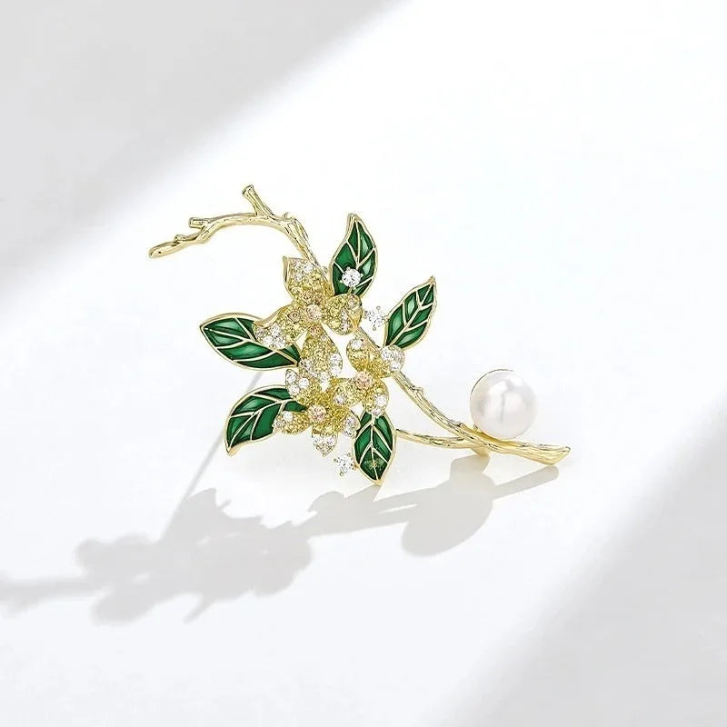 Green Leaf Gardenia Brooch Pearl Crystal Rhinestone Flower Lapel Pin For Women Wedding Party Dress Corsage Fashion Jewelry
