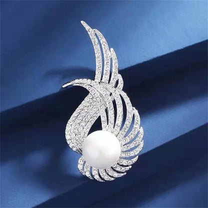 Luxury Crystal Feather Pearl Brooches Metal Suit Pins Fashion Clothing Accessory Jewelry For Women Men Wedding Bridal Party